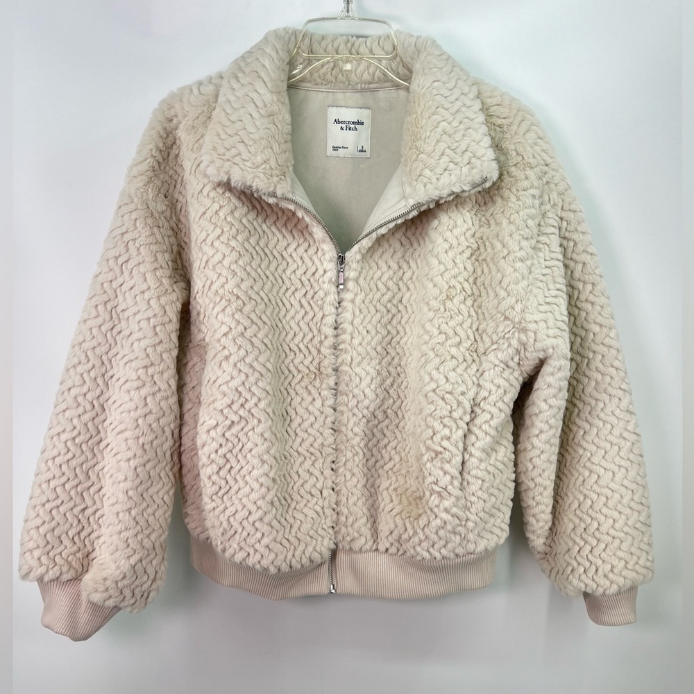 Abercrombie & Fitch Cream Textured Chevron Faux Fur Teddy Bomber Jacket S Small - Picture 6 of 10